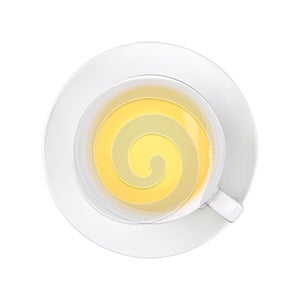 White cup of green oolong tea on saucer isolated