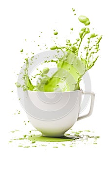 white cup with green tea, splashes of matcha tea hung in the air, fresh wholesome bright green drink, isolated element
