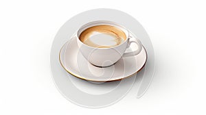 A white cup with a heart-shaped coffee foam design on a saucer with a gold rim, isolated against a white background