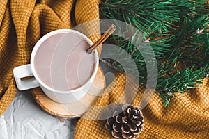 White Cup of Hot Chocolate, Yellow Plaid, Cone, Pine Branch, Fir Tree, Gray Background, Autumn Concept, Winter, Cosiness, Instagr