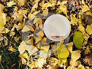 White cup of hot coffee with red lipstick mark and yellow ginkgo leaves