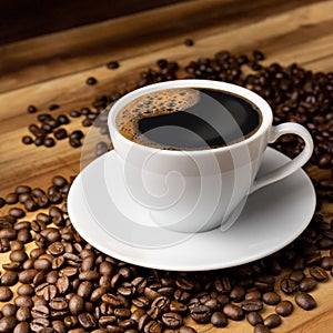 White cup of hot coffee with saucer on pile of coffee beans