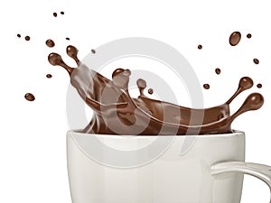 White cup with liquid chocolate splash. Close up