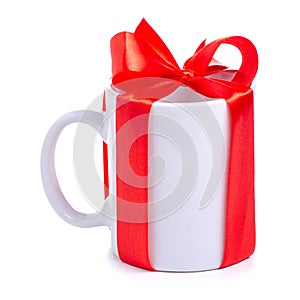 White cup mug with red ribbon bow gift