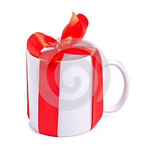 White cup mug with red ribbon bow gift
