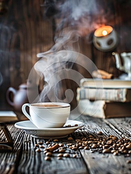 A white cup with a plume of steam sits among coffee beans on a wooden table, offering an invitation to a caffeinated