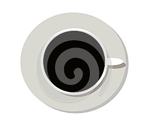 White cup with a saucer of black coffee on a white table.  View from above.  Minimalism.