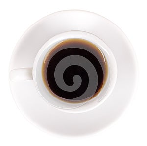 White cup and saucer with coffee top view