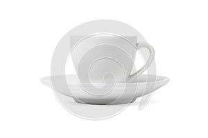 White cup and saucer isolated on white background. Ceramic coffee cup or tea mug and dish for drink close up. Mock up