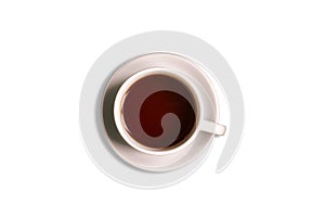 White cup and saucer isolated on a white background. Hot tea drink. Black tea