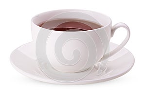 White cup on saucer of tea