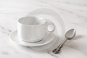 White cup on saucer and teaspoon over marble table. Empty clean porcelain crockery for drink design mockup.