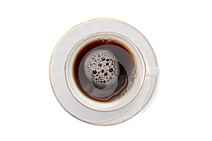 A white cup stands on a white saucer with black coffee. On a white background.