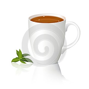 White cup of tea and leaves