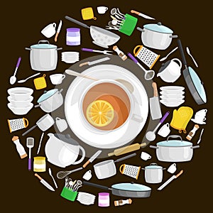 White cup of tea and slice of lemon on a saucer and other cartoon kitchen utensil collection. Steel kitchen household