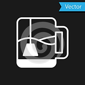 White Cup of tea with tea bag icon isolated on black background. Vector