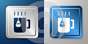 White Cup of tea with tea bag icon isolated on blue and grey background. Silver and blue square button. Vector