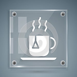 White Cup of tea with tea bag icon isolated on grey background. Square glass panels. Vector Illustration