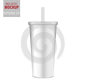 White cup template for soda or cold beverage with drinking straw, isolated on white background. Packaging collection. Vector