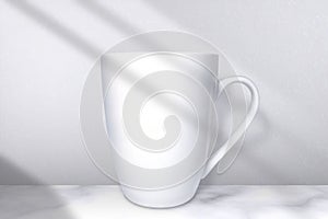 White cup on white studio background. Empty cup mockup. Side view. Blank ceramic mug with shadow. 3d cup front with soft light for