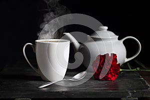 White Cup White Teapot Red Carnation