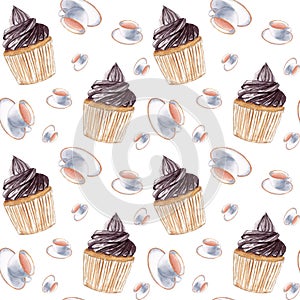 White cups and chocolate cupcakes seamless pattern