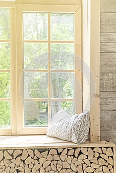 White curtain window and Wood Window Frame, abstract green from garden with sunlight .For montage product display or