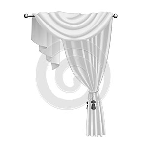 White curtains with 3D fabric drapery and braided cord with tassel decoration