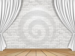 White curtains and brick wall background