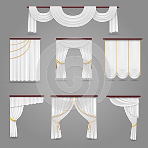 White curtains drapery for wedding room and windows vector set