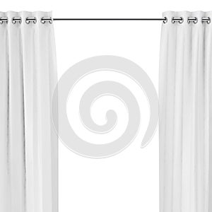 Blanco cortinas ojos sobre el alrededor repisa.  una imagen tridimensional creada usando un modelo de computadora 
