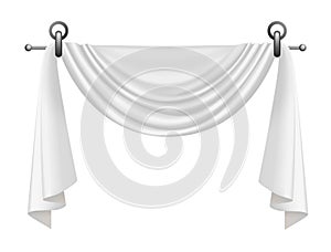 White curtains for window, 3D fabric drapery hanging on rings and cornice