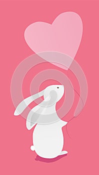 White cute bunny with a heart on a pink background. Rabbit vector illustration for Valentine`s Day greeting card design