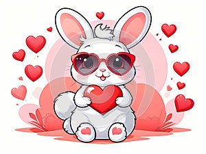 White cute Bunny sitting on ground holding a red heart and wearing red heart shaped glasses.