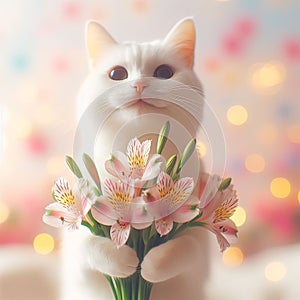 White cute cat smiling and holding alstroemeria flowers in his paws on a bokeh background in pastel