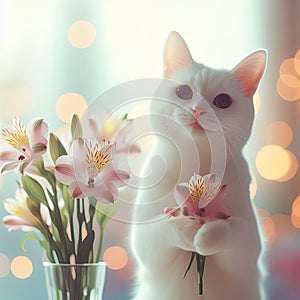 White cute cat smiling and holding alstroemeria flowers in his paws on a bokeh background in pastel