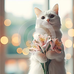 White cute cat smiling and holding alstroemeria flowers in his paws on a bokeh background in pastel