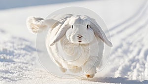 White Cute Holland lop rabbit running toward the camera in the snow.