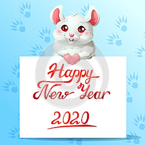 White cute mouse and banner on blue