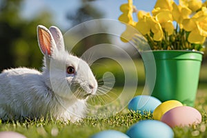 White, cute rabbit and Easter eggs. A hare on a green meadow. Easter background with copy space. Art little easter bunny and