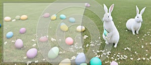 White, cute rabbit and Easter eggs. Panorama. A hare on a green meadow. Easter background with copy space. Art little easter bunny