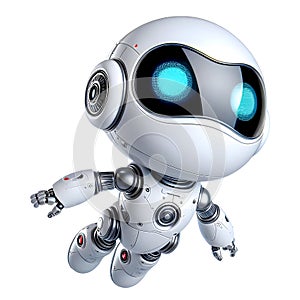 White cute robot in flying posture isolated on white background