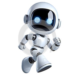 White cute robot in running posture isolated on white background