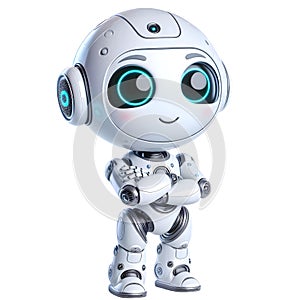 White cute robot in standing posture isolated on white background