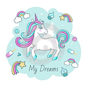 White cute unicorn with inscription - My dreams. For print design.