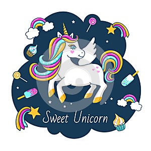White cute unicorn with inscription - Sweet unicorn. For print design.