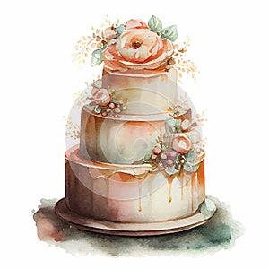 White Cute Watercolor Wedding Cake on white background Generative AI