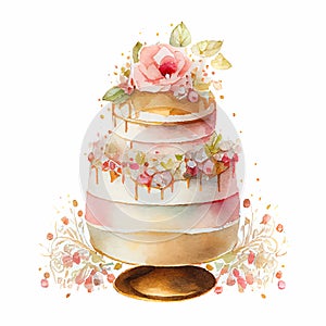 White Cute Watercolor Wedding Cake on white background Generative AI
