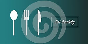 White cutlery, Spoon, Fork and Knife on turquise background, eat healthy