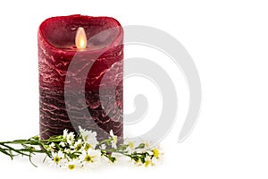 White cutter flower with red/black electric candle on white back